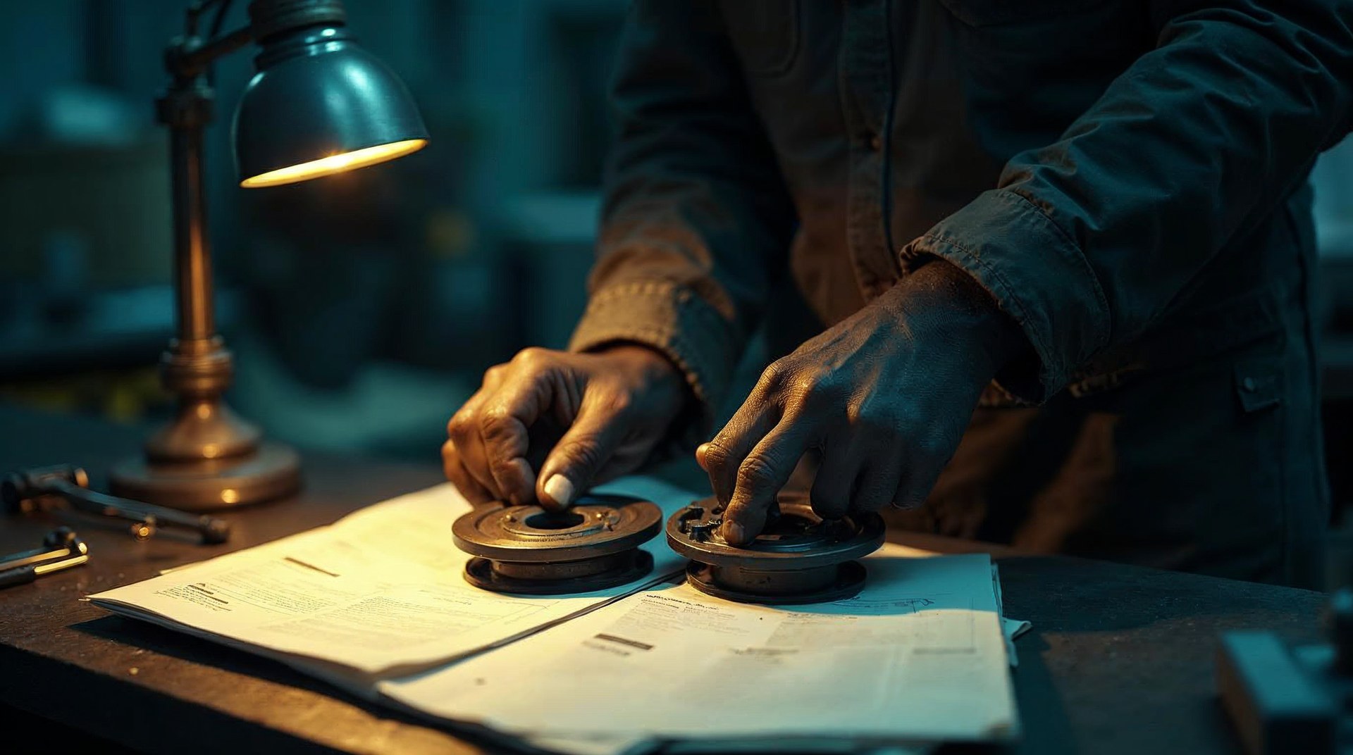 Mechanic's hands comparing two brake rotors on a workbench under a drop light