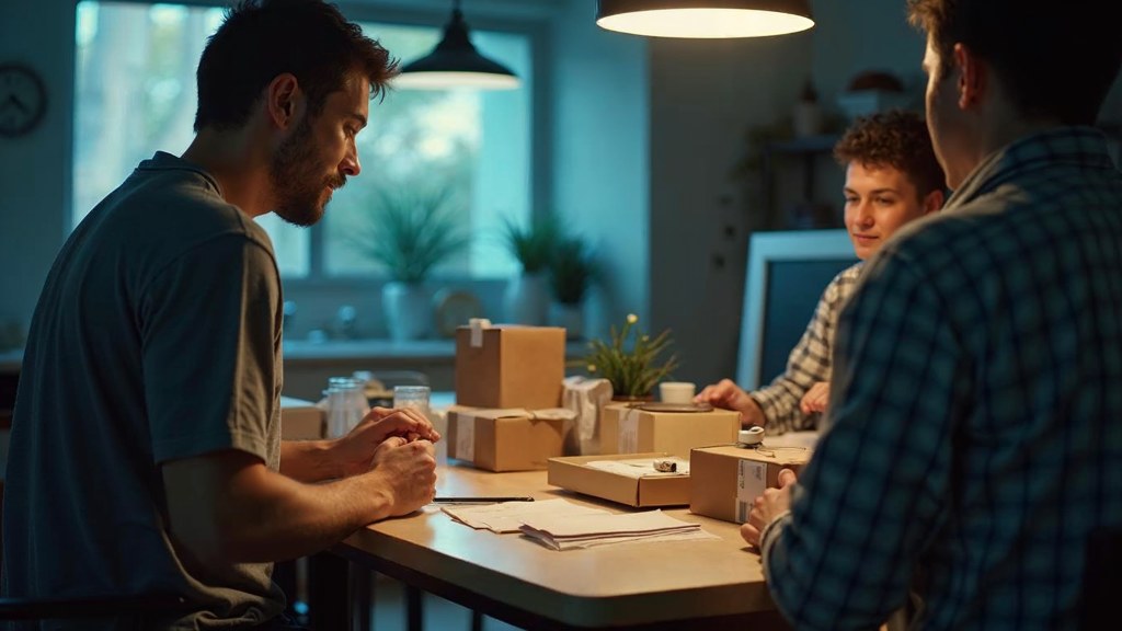 A customer filming an unboxing on a kitchen table strewn with packaging, photographed in Scottsdale