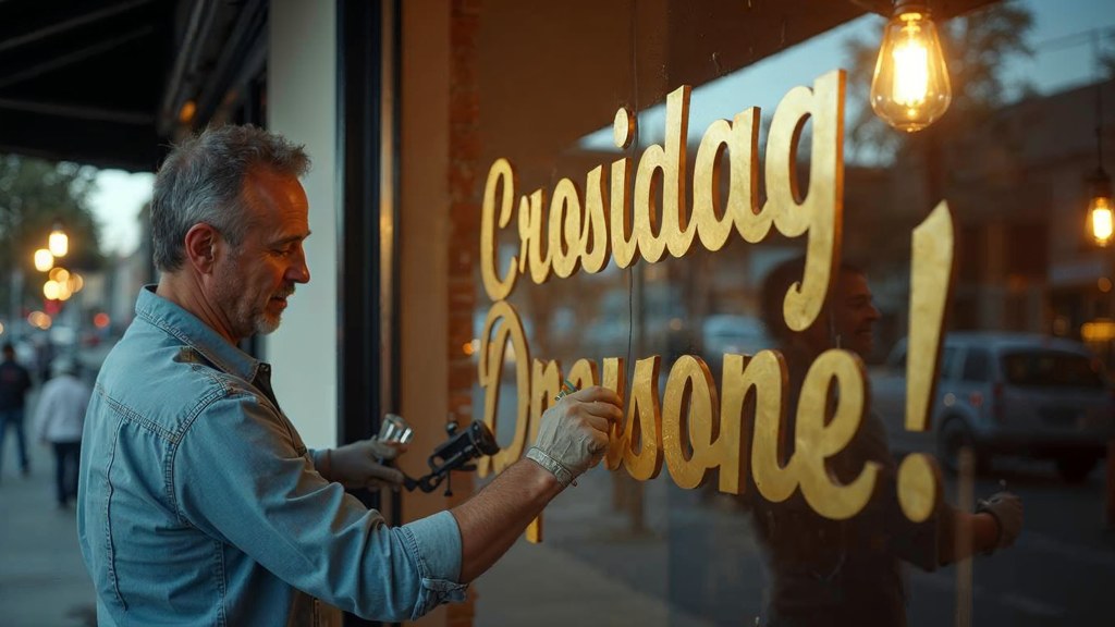 A sign painter finishing gold lettering on a shopfront window from the street side, photographed in Scottsdale