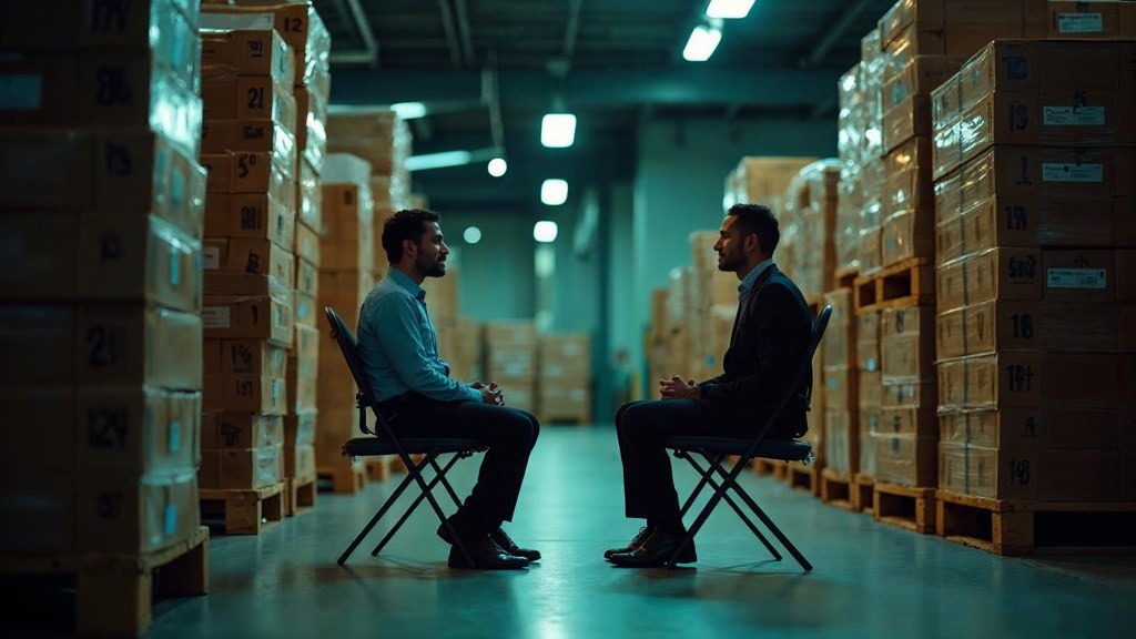 A warehouse supervisor interviewing a candidate on folding chairs beside stacked pallets, photographed in Scottsdale