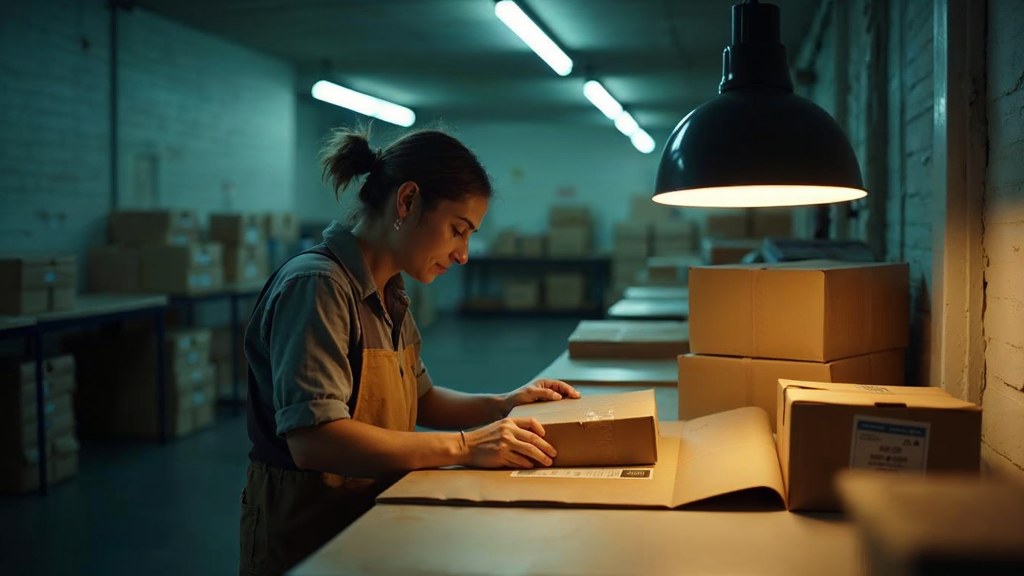 A warehouse worker taping shipping boxes under strip lighting in a small fulfilment room, photographed in Scottsdale