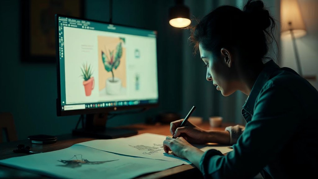 A studio designer sketching a page layout on paper beside a monitor in a dim room, photographed in Scottsdale
