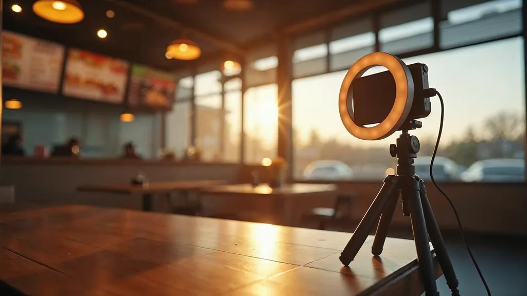 A smartphone on a small tripod and a compact ring light set up beside the counter of an empty modern quick-service restaurant in early morning light, shallow depth of field, no people, no text, no signage