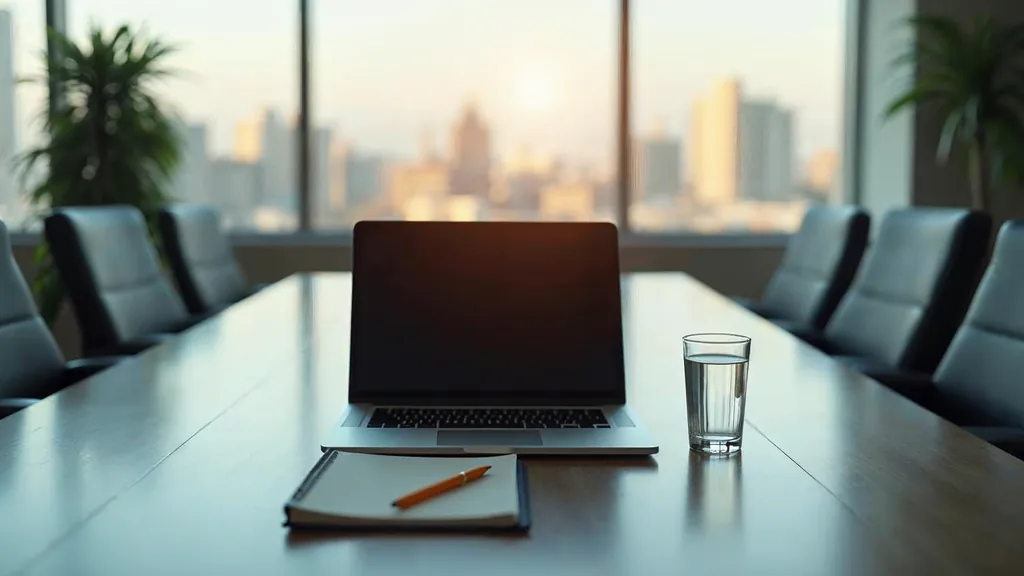 A closed laptop and a legal pad on a polished conference table beside a single glass of water in an empty modern law office in late afternoon light, shallow depth of field, no people, no text, no signage