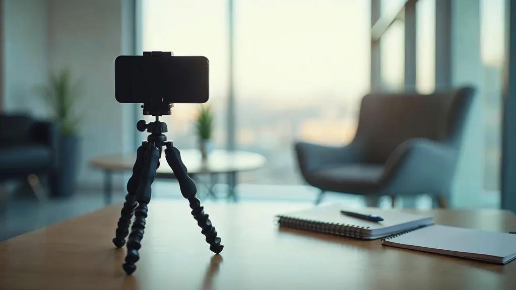 A smartphone clamped to a small tripod facing an empty armchair beside a window in a calm modern advisory office with a notebook on the side table, soft daylight, shallow depth of field, no people, no text, no signage