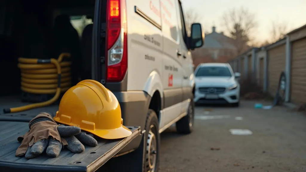 A hard hat and work gloves resting on the tailgate of a parked restoration service van beside a coiled hose and an air mover in an empty yard in early morning light, shallow depth of field, no people, no text, no signage