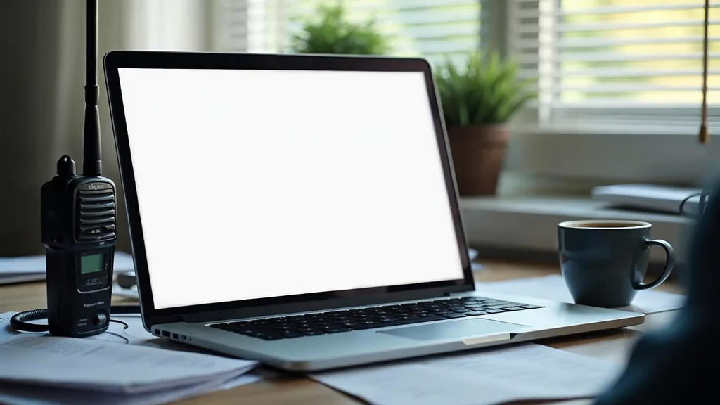 A laptop open to a blank screen on a cluttered contractor office desk beside a two-way radio and a moisture meter and a coffee cup with blinds half open in morning light, shallow depth of field, no people, no text, no signage