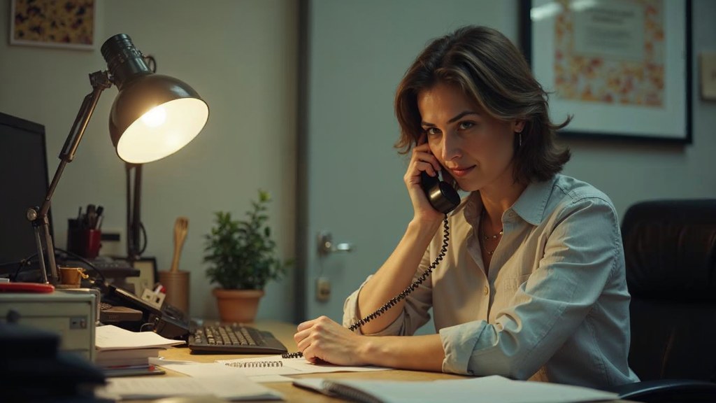 An office manager at a cluttered desk with a landline handset tucked under one ear, photographed in Scottsdale