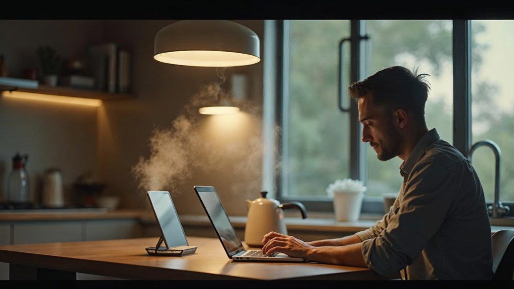 A service-business owner at a kitchen table typing a question into a laptop while a kettle steams behind, photographed in Scottsdale