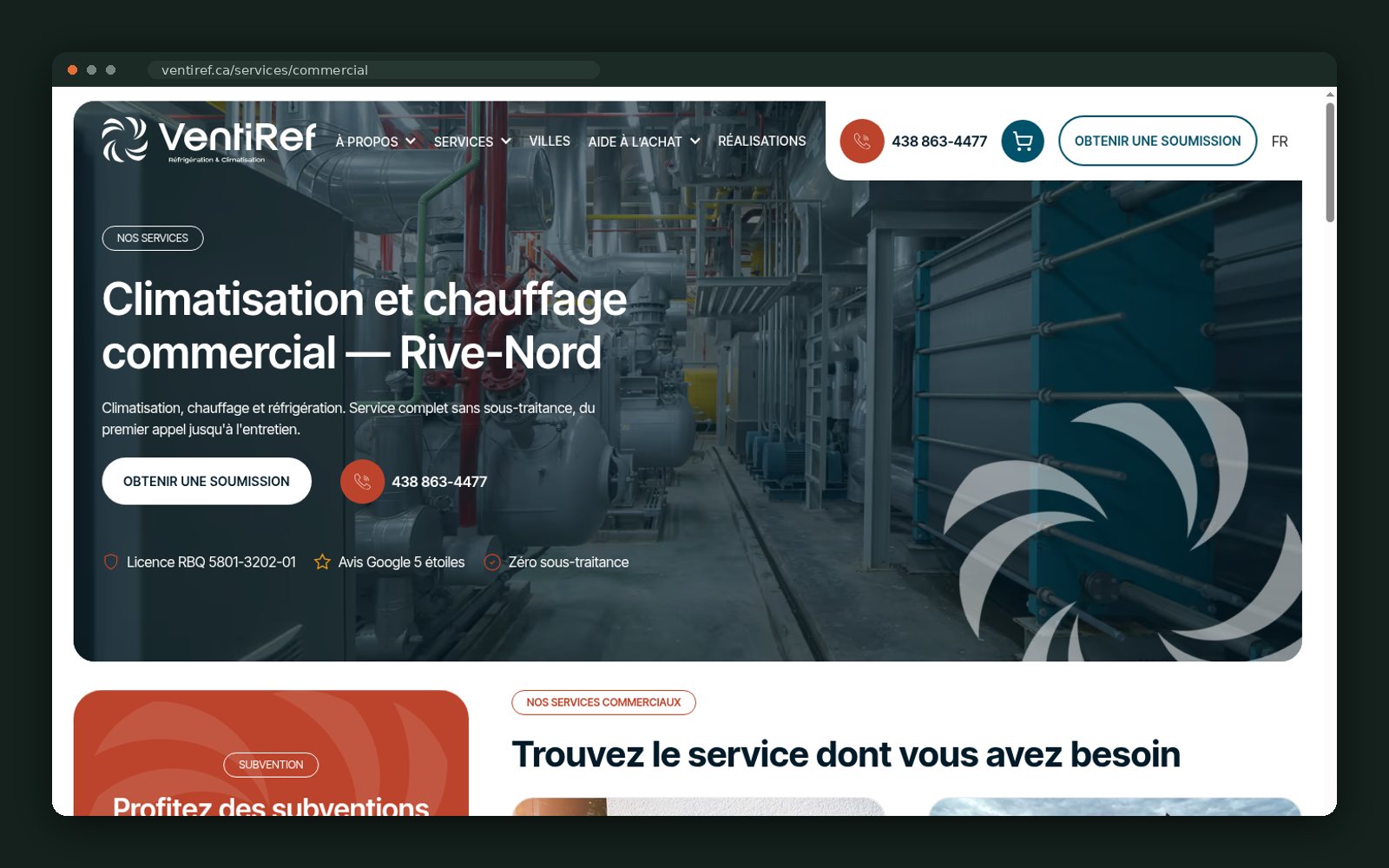 Commercial HVAC page for the Rive-Nord