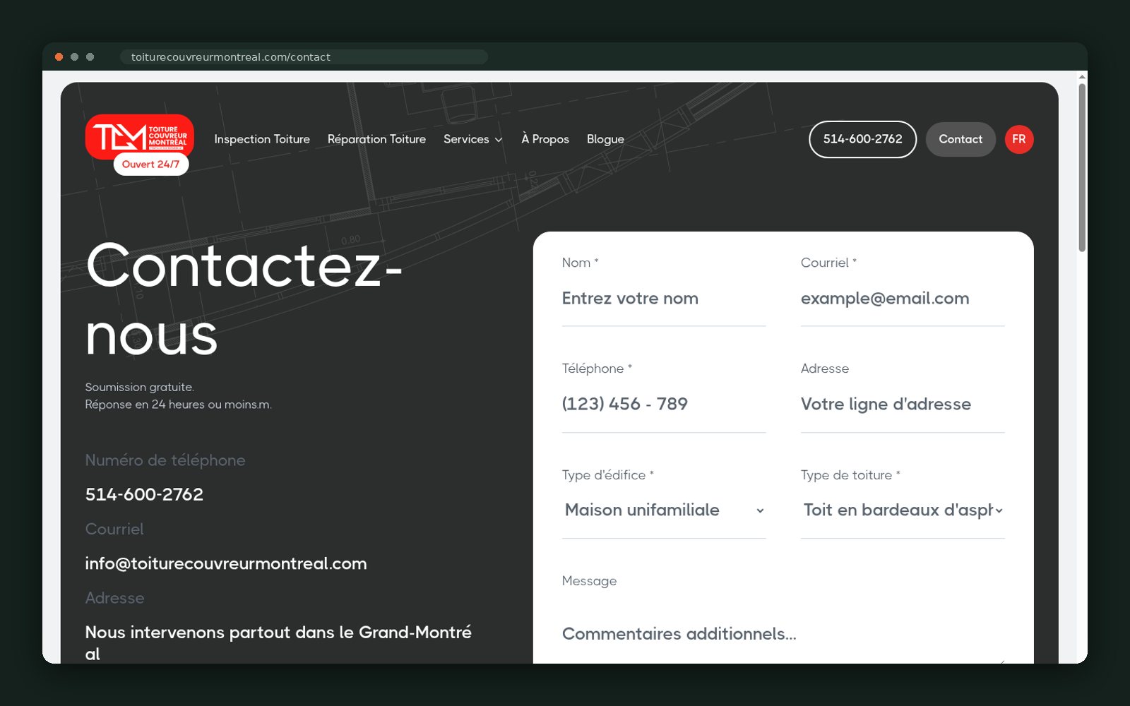 Contact page with roof-type qualification form