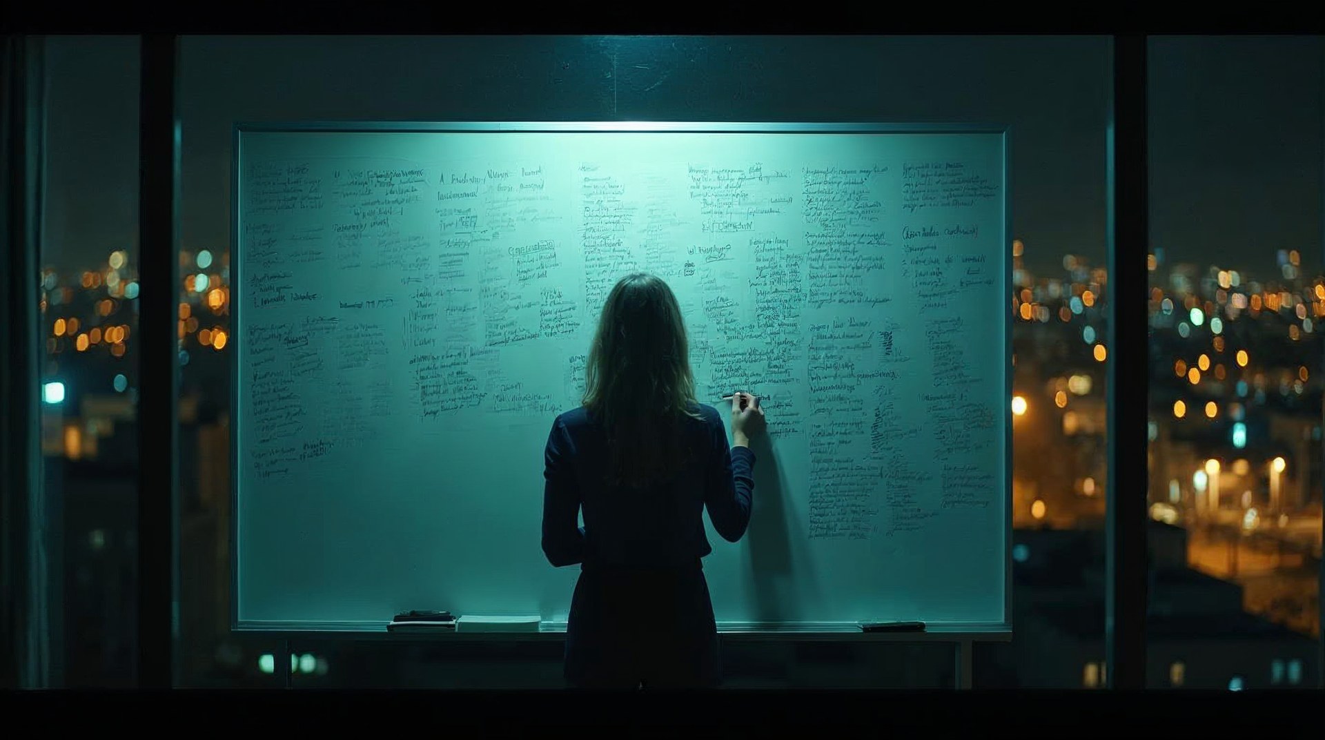 Product manager alone in a glass side room writing on a whiteboard covered in customer notes at night
