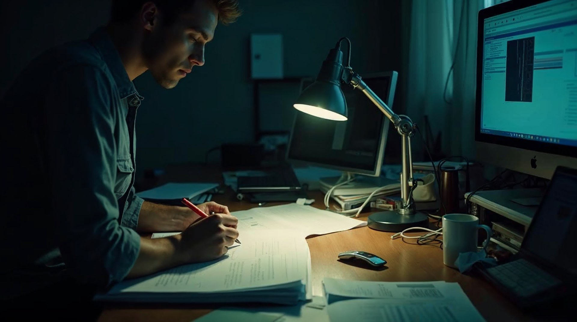 Engineer at a standing desk in a dim room marking up a printed pipeline report with a red pen