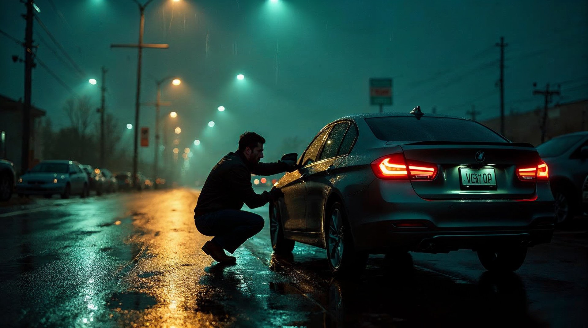 Salesperson crouching beside a used sedan at dusk wiping rain off the window sticker under lot floodlights