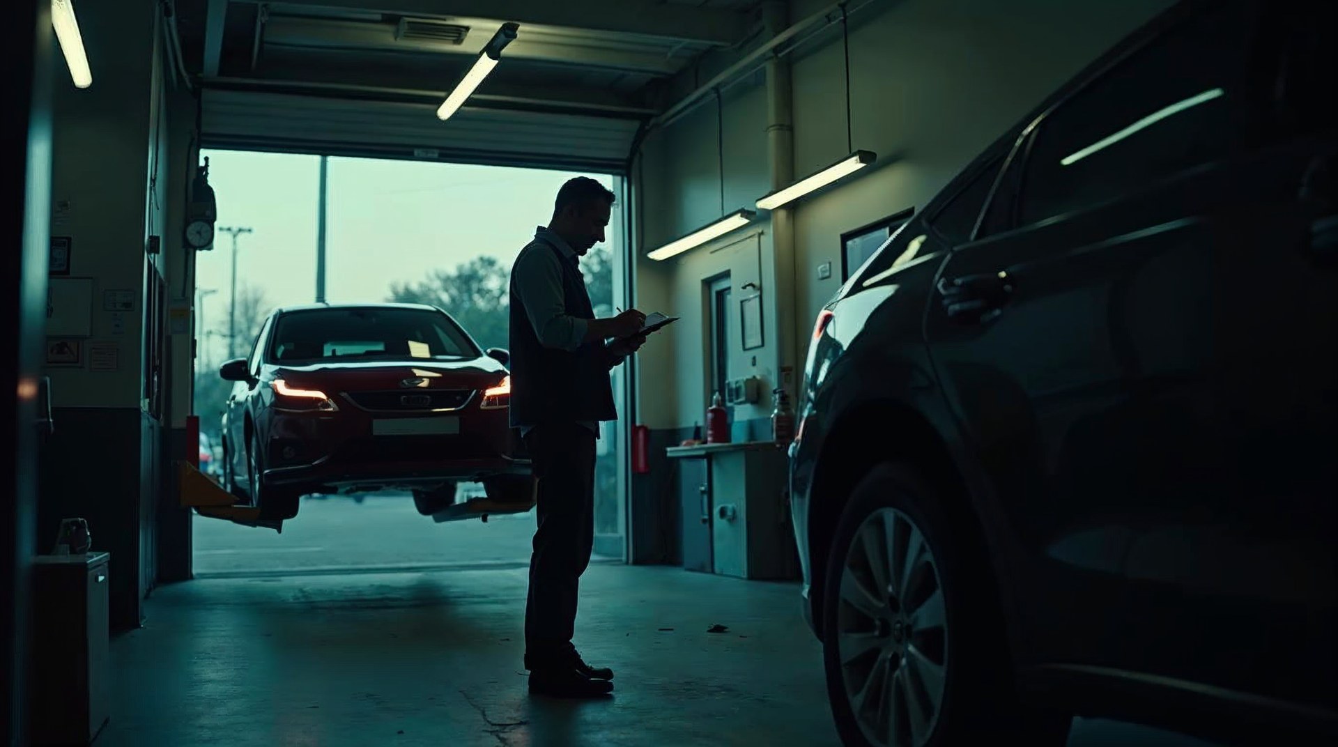 Service advisor writing on a clipboard in a bay doorway while a car is lifted behind him