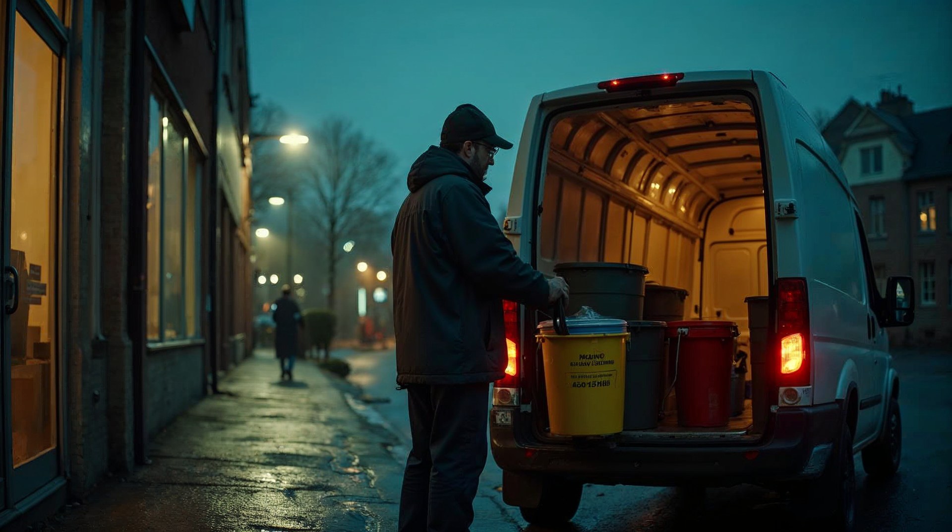 Supervisor loading supplies into a van at first light outside a commercial building