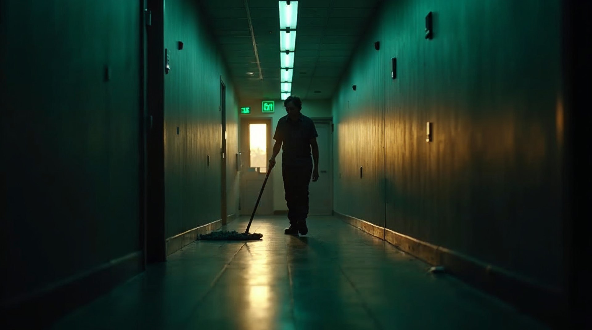 Cleaner mopping a dark office corridor before dawn lit only by an exit sign and a window