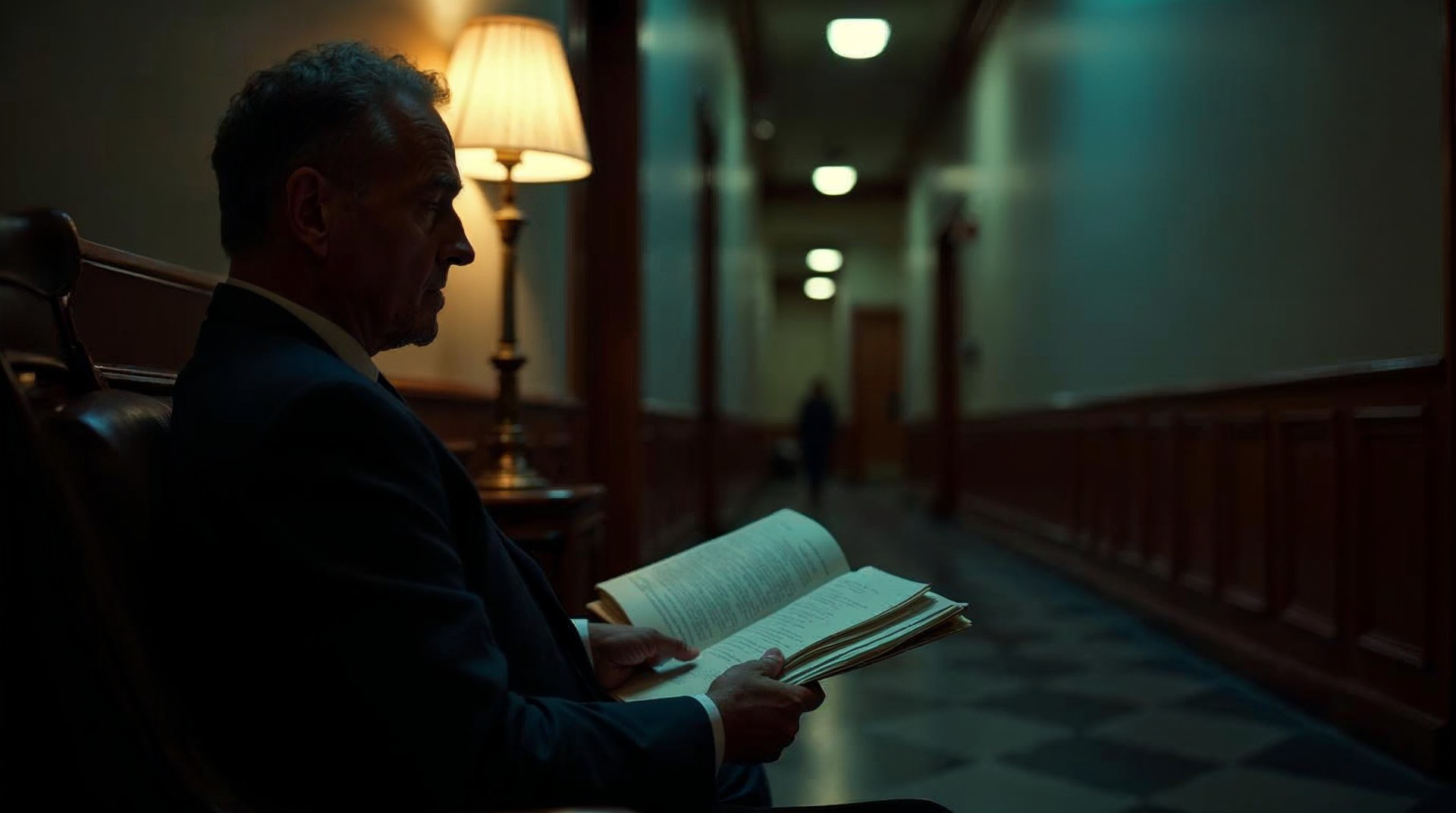 Defense attorney reading a case file alone at a courthouse bench late in the evening under a single lamp