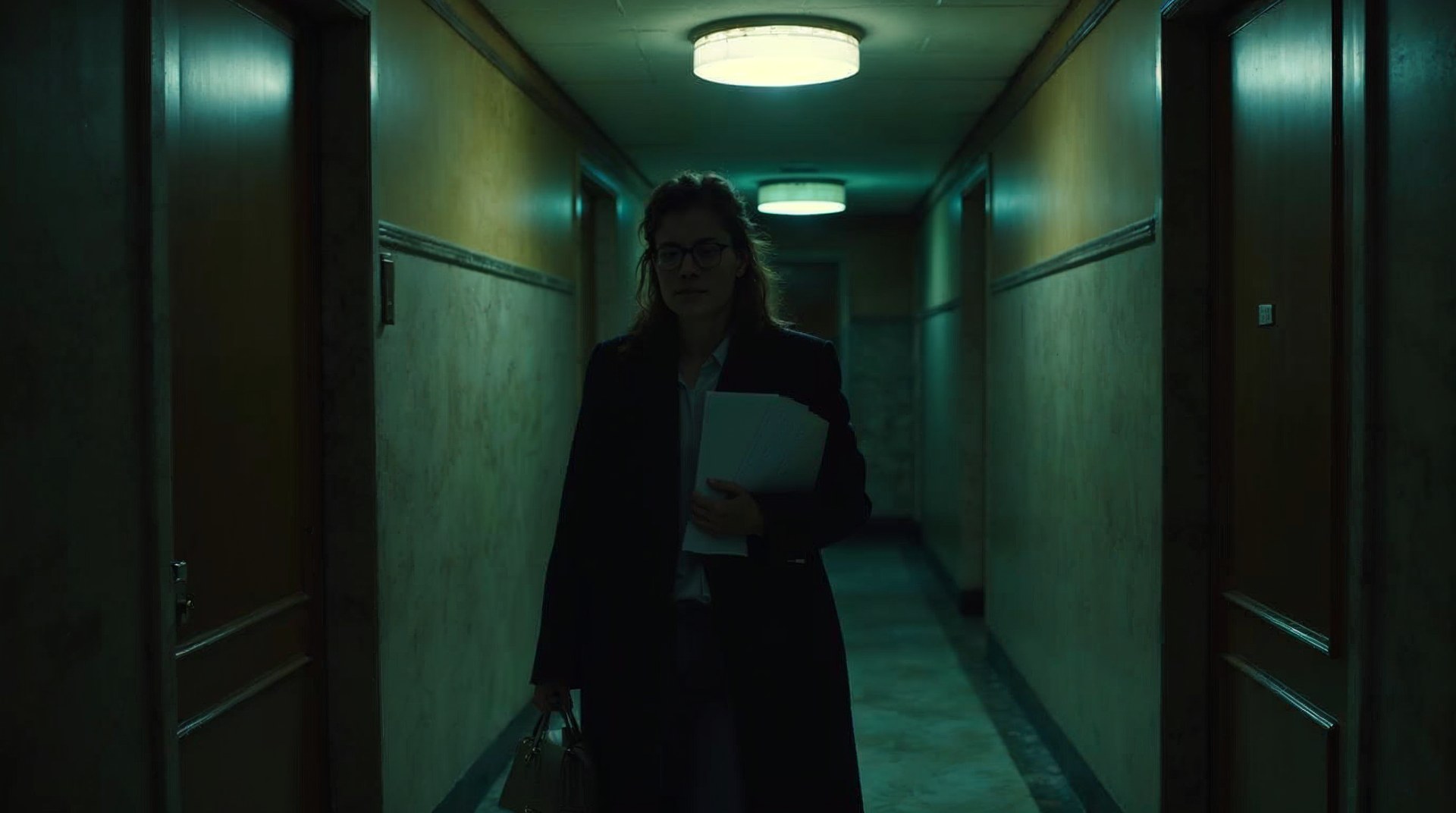 Woman making a phone call in a dim hallway outside a courtroom at night, holding paperwork