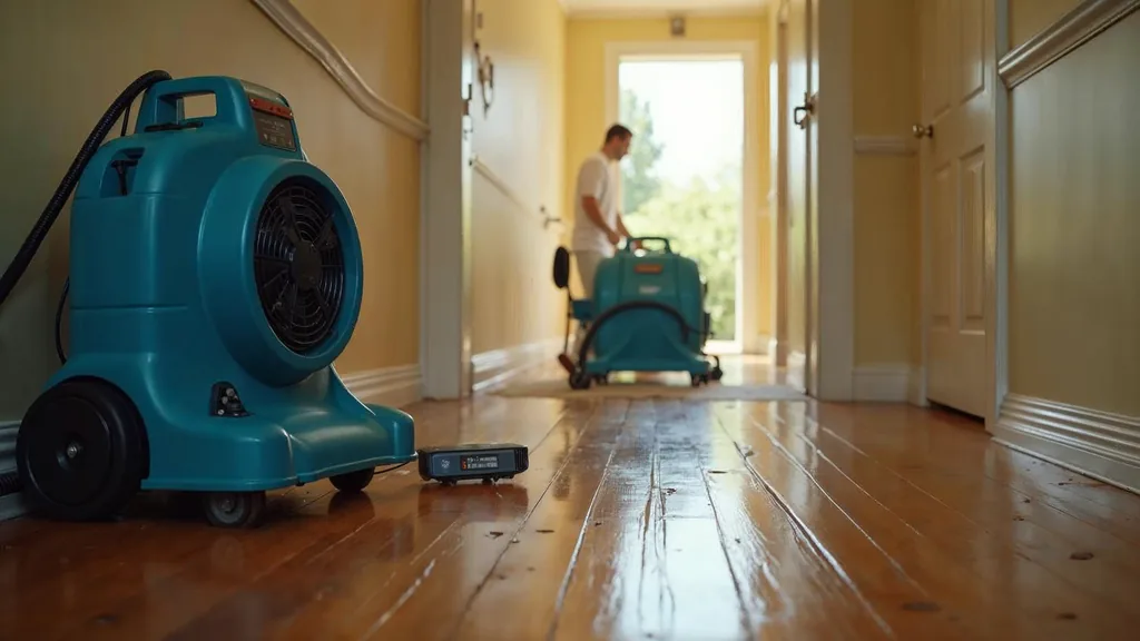 Editorial photograph of an air mover and a moisture meter running on a wet hardwood floor in an empty flooded residential hallway lit by soft daylight from a doorway