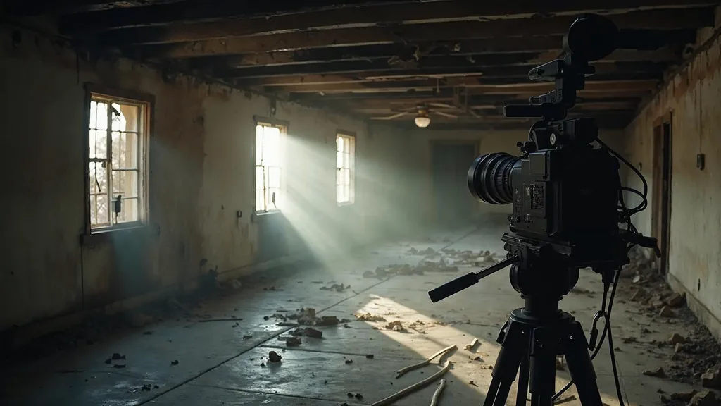Editorial photograph of a professional cinema camera on a tripod pointed at a fire-damaged empty residential interior with charred beams and containment sheeting under work lights