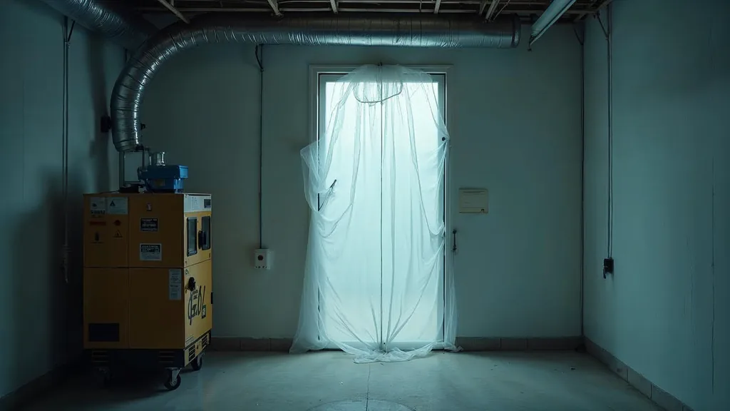 Editorial photograph of a HEPA air scrubber and containment plastic sheeting sealed over a doorway in an empty residential basement with negative air ducting under cool work light
