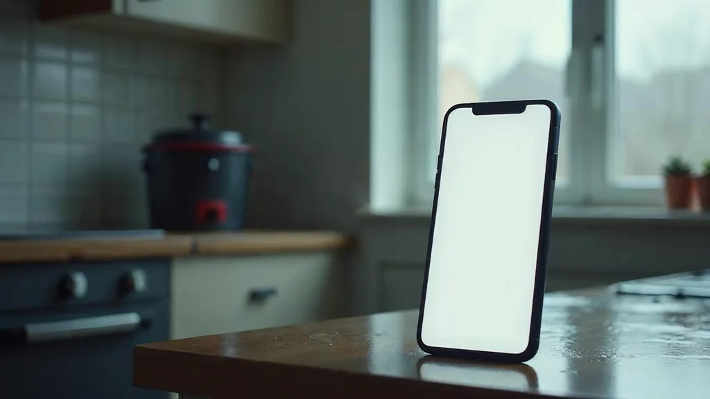 Editorial photograph of a smartphone with a blank screen propped on a wet kitchen counter beside a bucket and a wet-dry vacuum in an empty flooded home under grey storm light