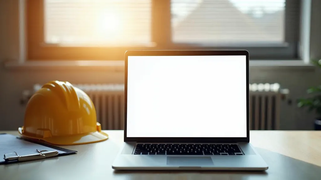Editorial photograph of an open laptop with a blank screen on a plain desk beside a hard hat and a clipboard in a small contractor office under warm morning light