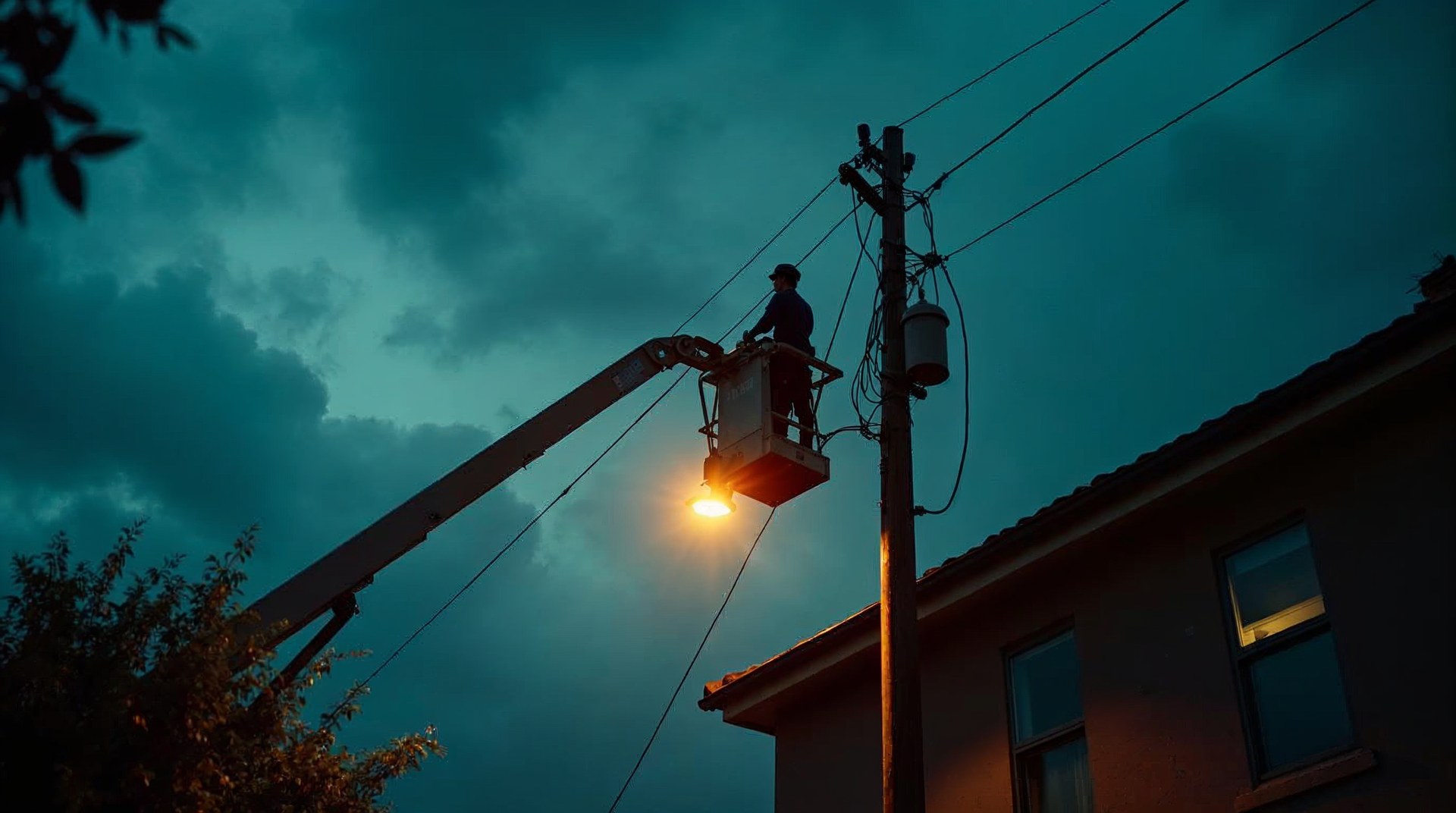 Electrician in a bucket lift at dusk reaching toward a service mast on a suburban house with storm clouds behind him