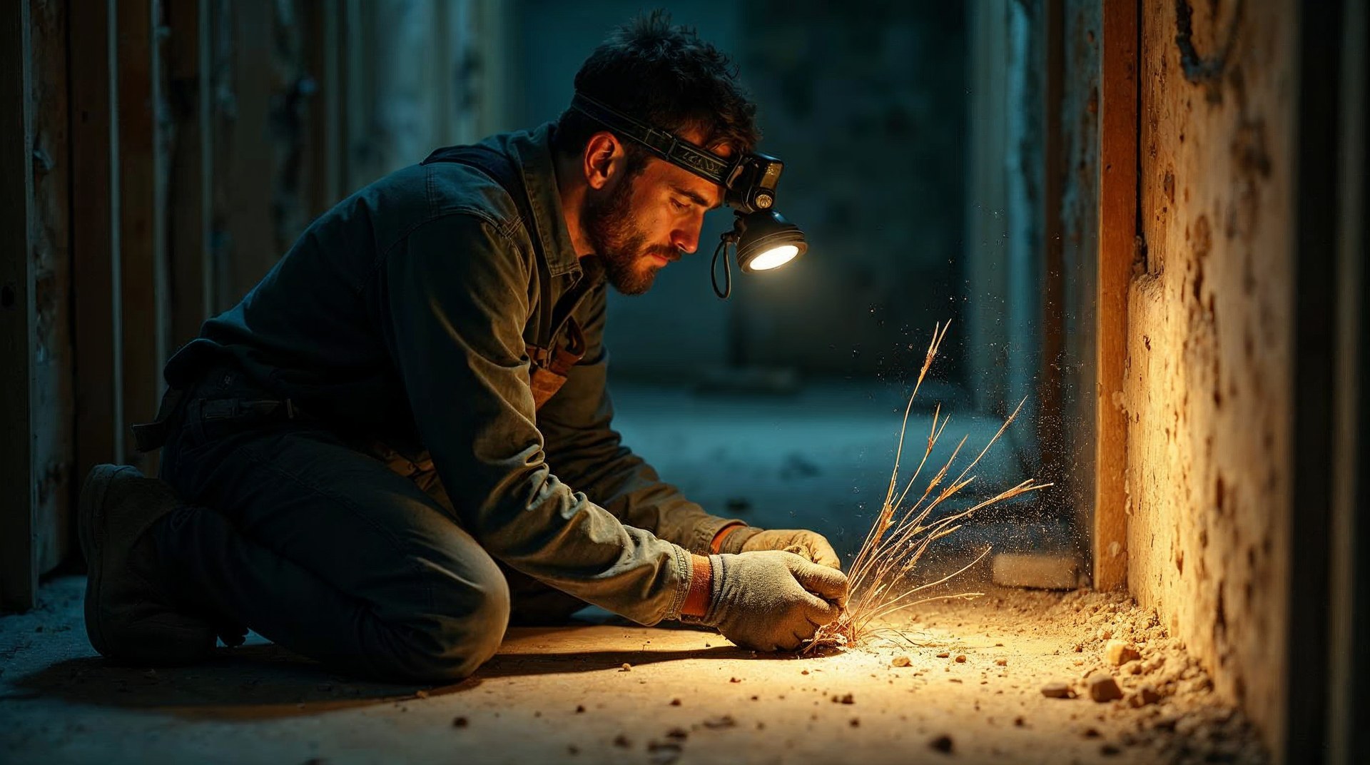 Master electrician kneeling in an unfinished basement with a headlamp beam across a half-wired breaker panel