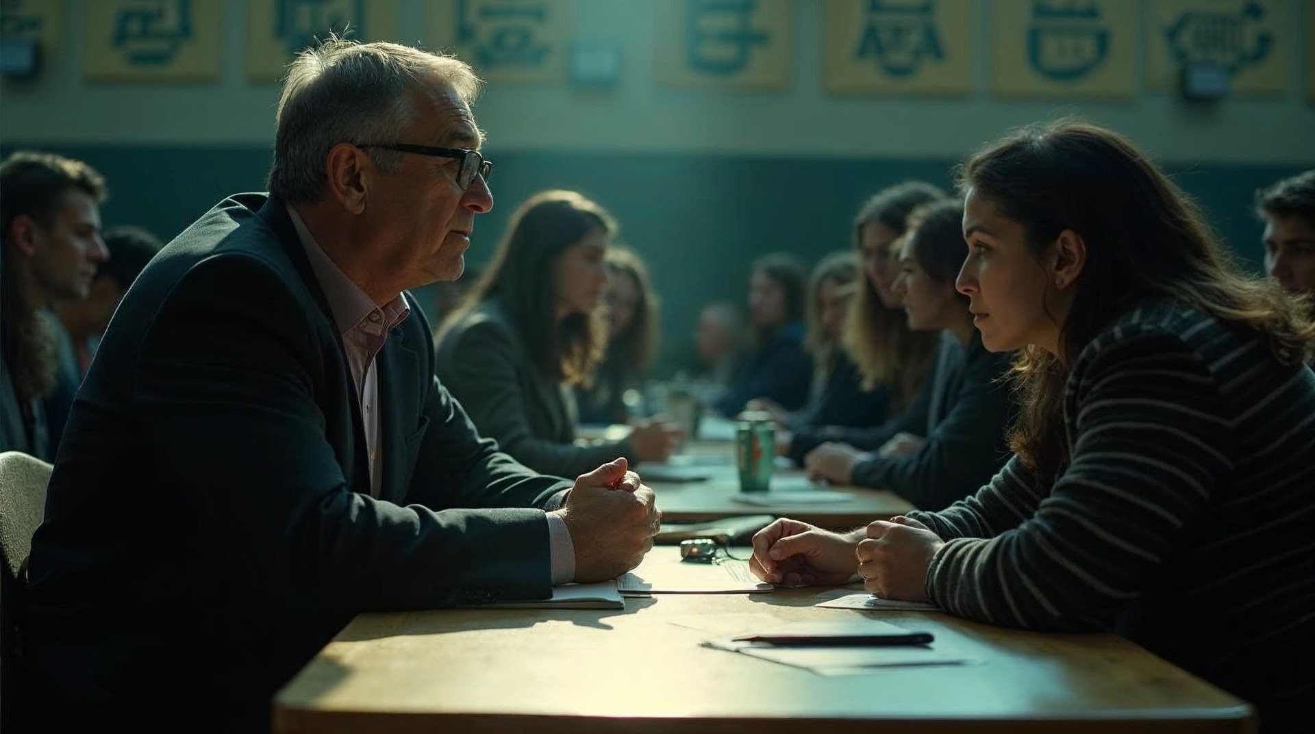 Admissions counsellor leaning across a folding table to answer one student at a crowded gymnasium college fair
