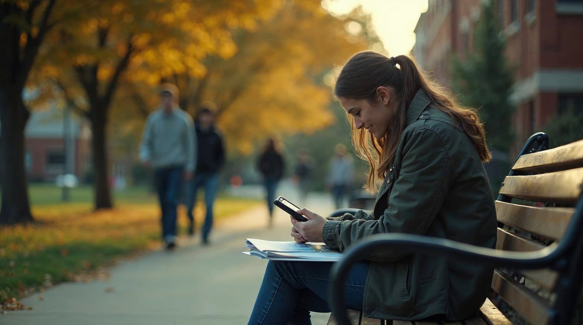 High school senior sitting on a campus bench in late afternoon light holding her phone low with a folded brochure on her knee