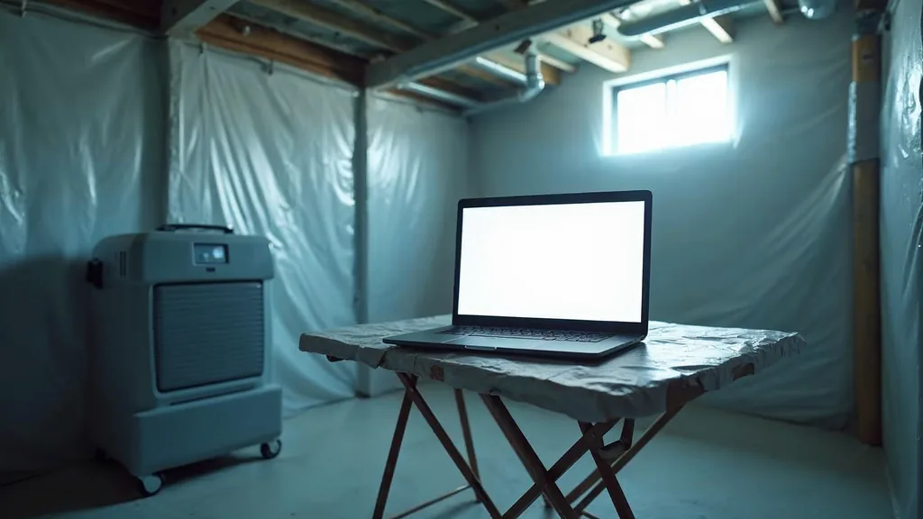 Editorial photograph of a laptop with a blank screen on a folding table inside an empty residential basement under containment plastic sheeting beside a dehumidifier in cool daylight