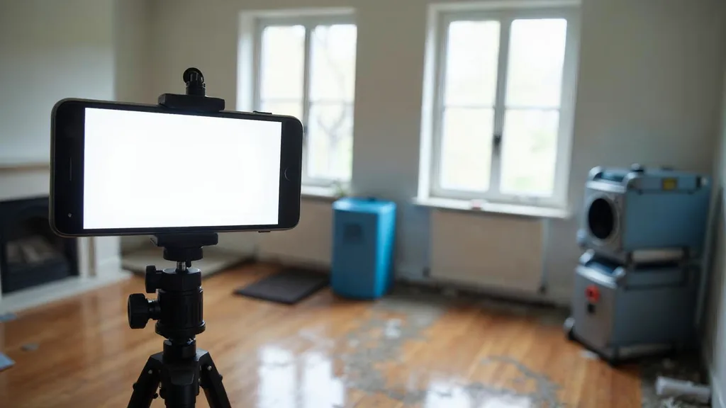 Editorial photograph of a smartphone on a tripod with a blank screen pointed at drying fans in an empty water-damaged living room with hardwood partly removed in soft grey daylight