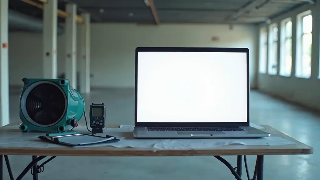 Editorial photograph of an open laptop with a blank screen and a clipboard on a folding table beside a moisture meter and an industrial air mover in an empty stripped room with exposed subfloor