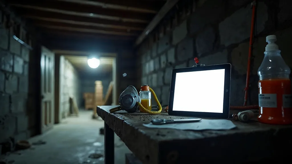Editorial photograph of a tablet with a blank screen on a workbench beside mold sample jars and a respirator at a dim crawl space entrance lit by a single work lamp