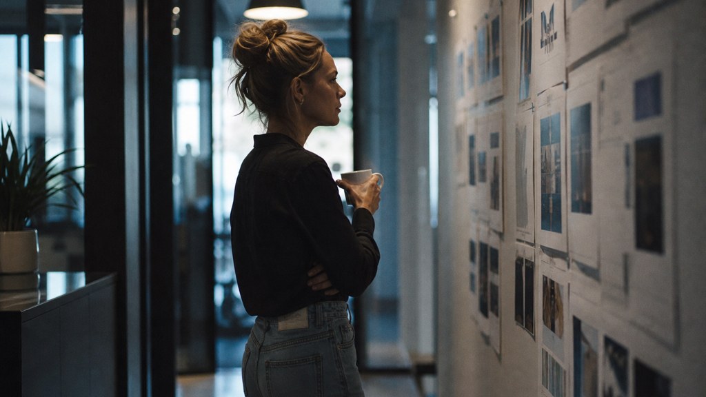A media planner standing at a wall of printed layouts in a narrow agency corridor, photographed in Scottsdale