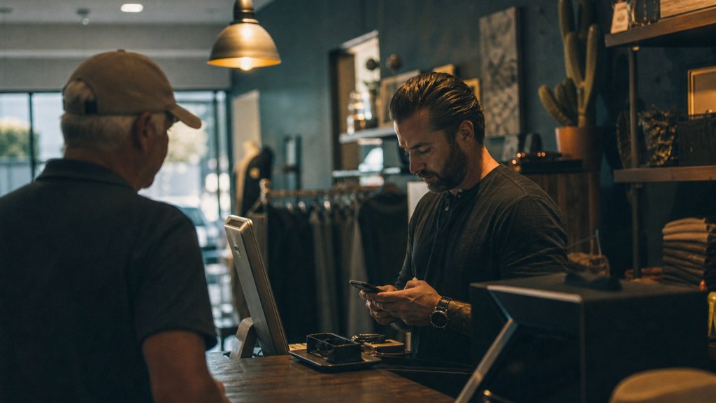 A shop manager standing behind the counter checking a phone while a customer waits at the till, photographed in Scottsdale