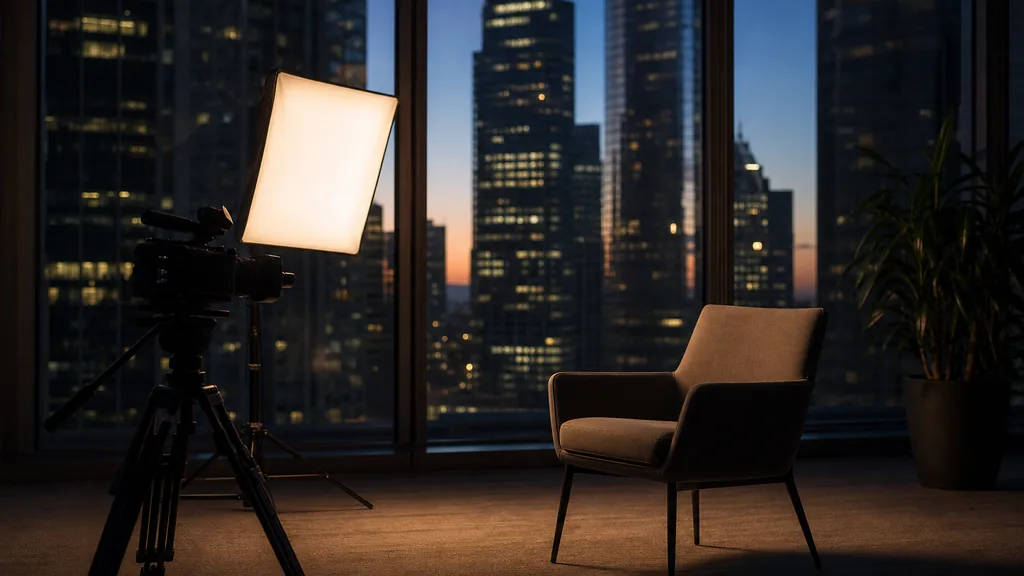 Editorial photograph of a downtown office interview set at dusk with an empty chair facing a cinema camera on a tripod, one softbox and tall city windows in deep shadow