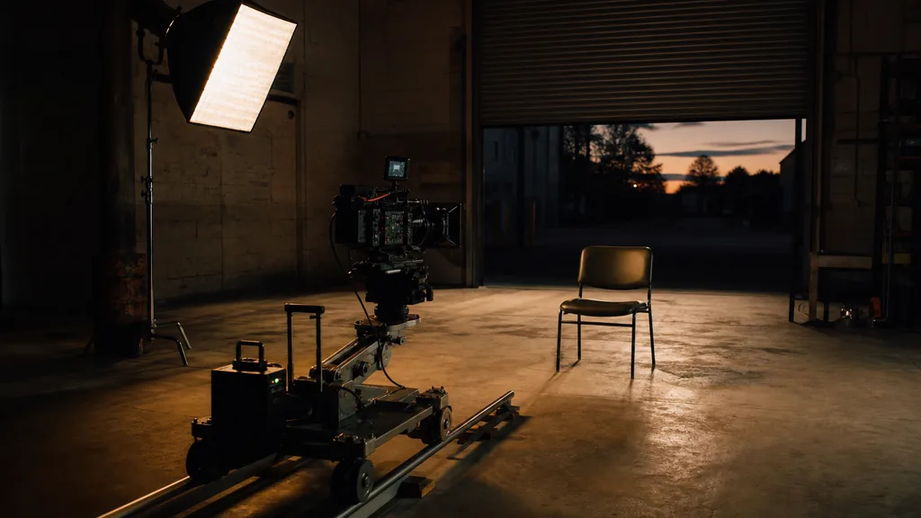 Editorial photograph of a warehouse studio set up as a film location at dusk with a cinema camera on a dolly track facing an empty seat, one large softbox and a roll-up door in deep shadow