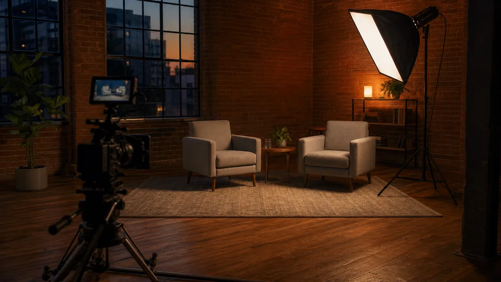 Editorial photograph of a brick loft studio prepared for filming at dusk with a cinema camera facing two empty armchairs, one softbox and tall industrial windows in shadow