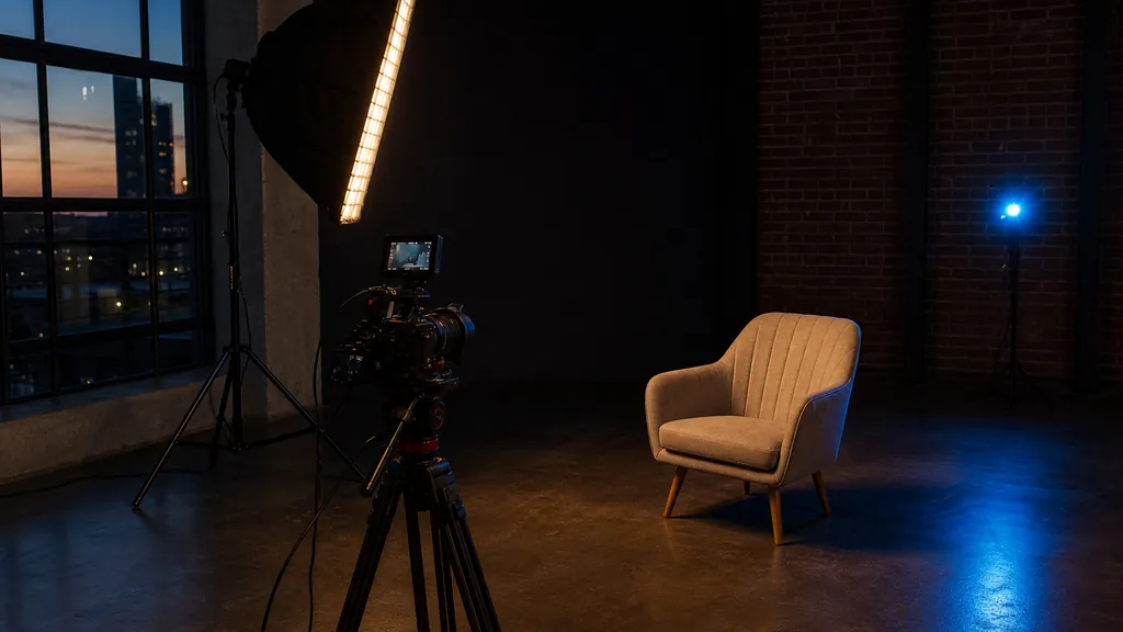 Editorial photograph of a downtown production studio at dusk with a cinema camera on a tripod facing an empty upholstered chair, one softbox and a blue rim light against exposed brick in deep shadow