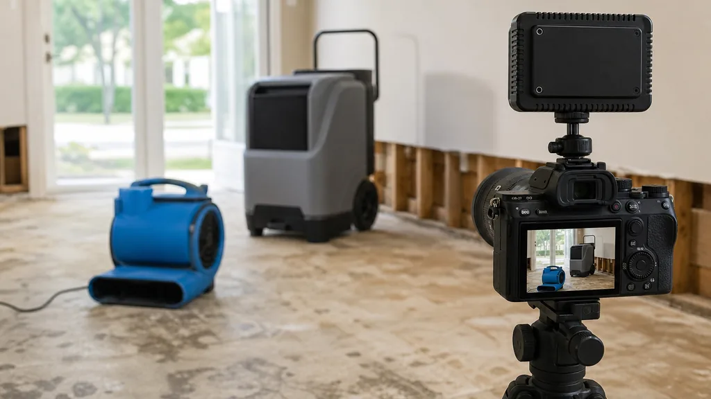 A mirrorless camera on a tripod with a small LED panel filming a commercial air mover and dehumidifier drying a stripped residential floor in cool daylight, shallow depth of field, no people, no text, no signage