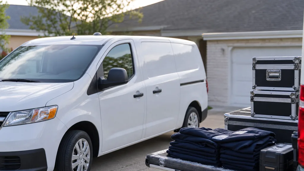 A clean white service van parked on a suburban driveway beside neatly stacked equipment cases and folded uniforms on a tailgate in soft morning light, shallow depth of field, no people, no text, no signage