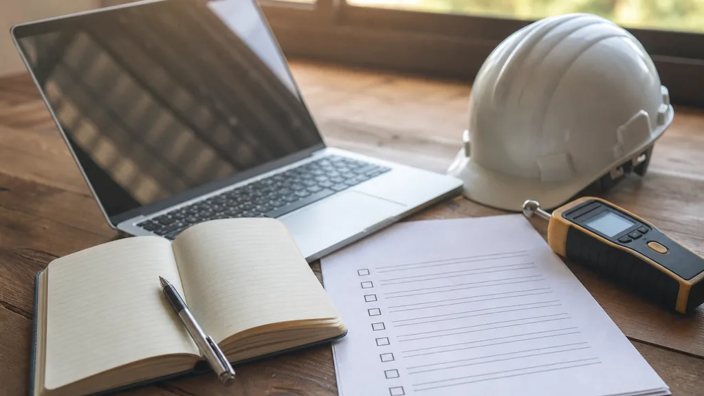 An open notebook, a laptop and a printed insurance claim checklist on a wooden desk beside a hard hat and a moisture meter in warm window light, shallow depth of field, no people, no text, no signage