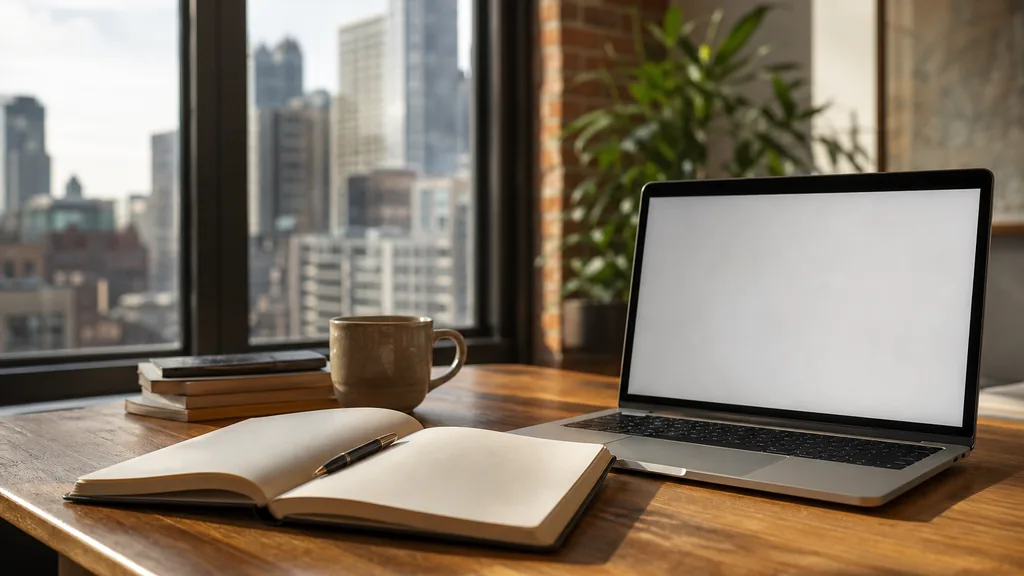 Editorial photograph of a wooden desk beside a tall loft window in a Chicago office with an open notebook, a pen and a laptop showing a blank document in warm morning light
