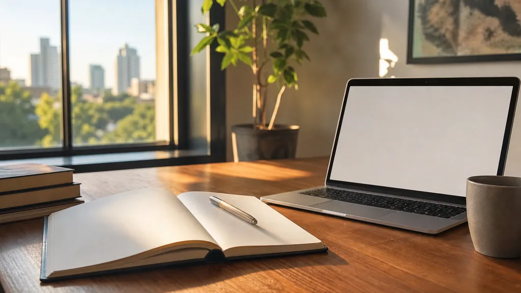 Editorial photograph of a warm wooden desk beside a sunlit window in an Austin studio with an open notebook, a pen and a laptop showing a blank document in soft afternoon light