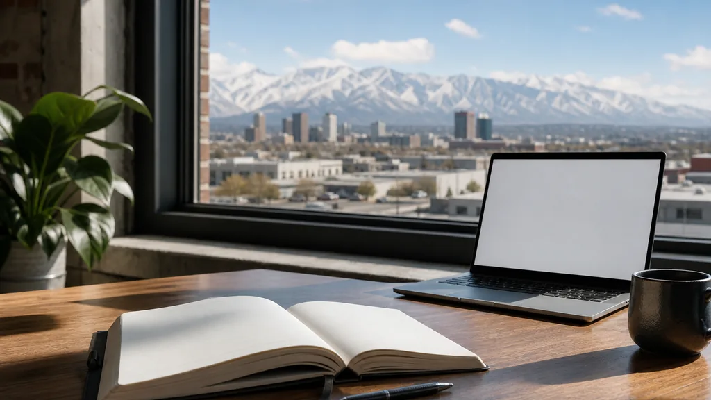 Editorial photograph of a desk beside a wide window in a Denver studio with an open notebook, a pen and a laptop showing a blank document in bright daylight
