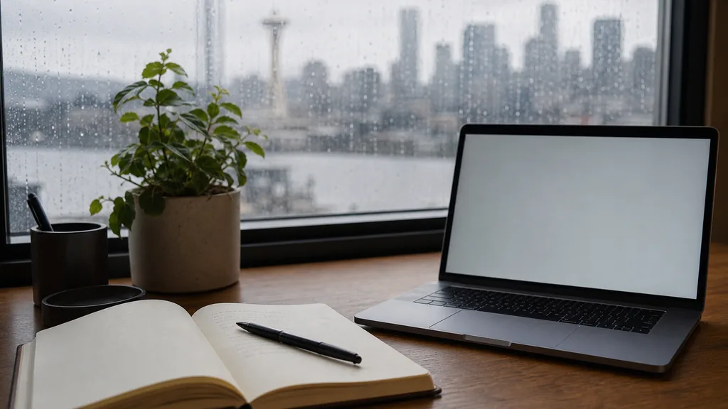 Editorial photograph of a desk beside a rain-flecked window in a Seattle office with an open notebook, a pen and a laptop showing a blank document in soft grey daylight