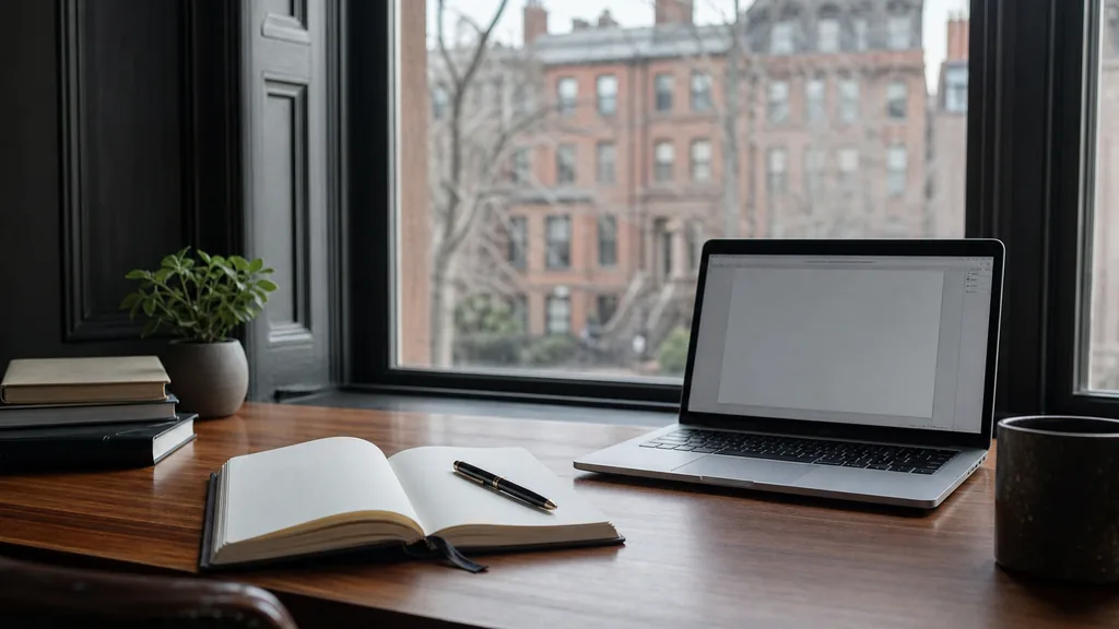 Editorial photograph of a desk beside a tall sash window in a Boston brownstone office with an open notebook, a fountain pen and a laptop showing a blank document in cool morning light